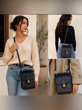 Coach Black Leather Crossbody with Gold Turn-Lock